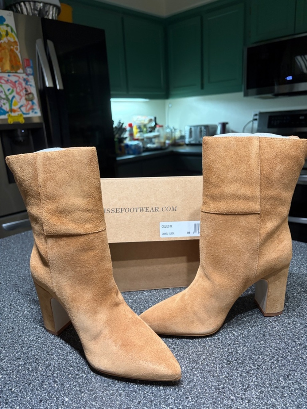 Celeste Camel Tan Suede Mid-Calf Block Heel Boots